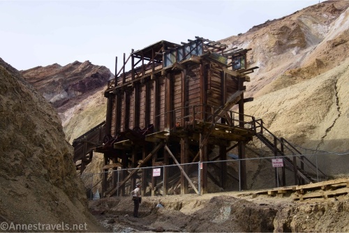 A hiker at the huge ore bin in Corkscrew Canyon, Death Valley National Park, California