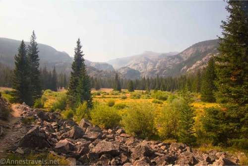 The meadow and mountains around Bomber Basin along the Glacier Trail in the Wind River Mountains of Wyoming